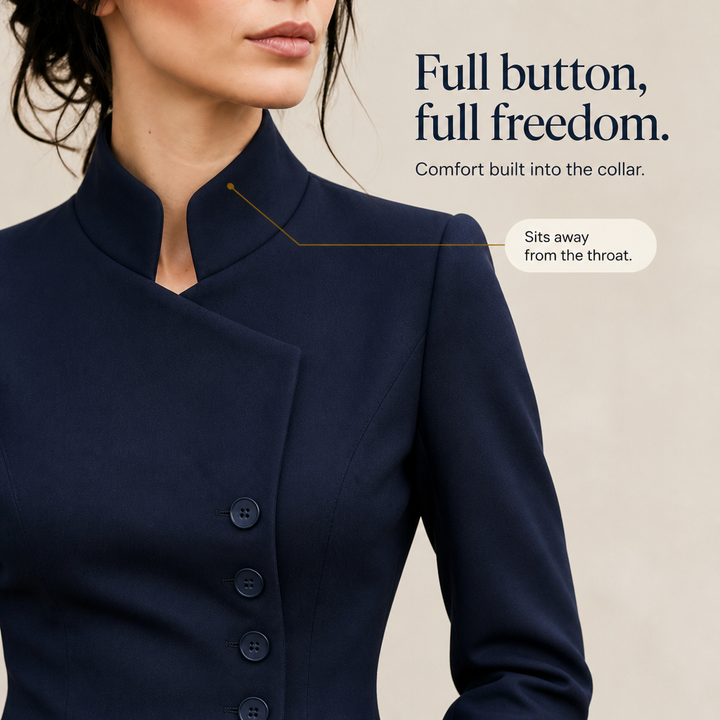Elegant asymmetrisk blazer för damer i marinblått med ståkrage