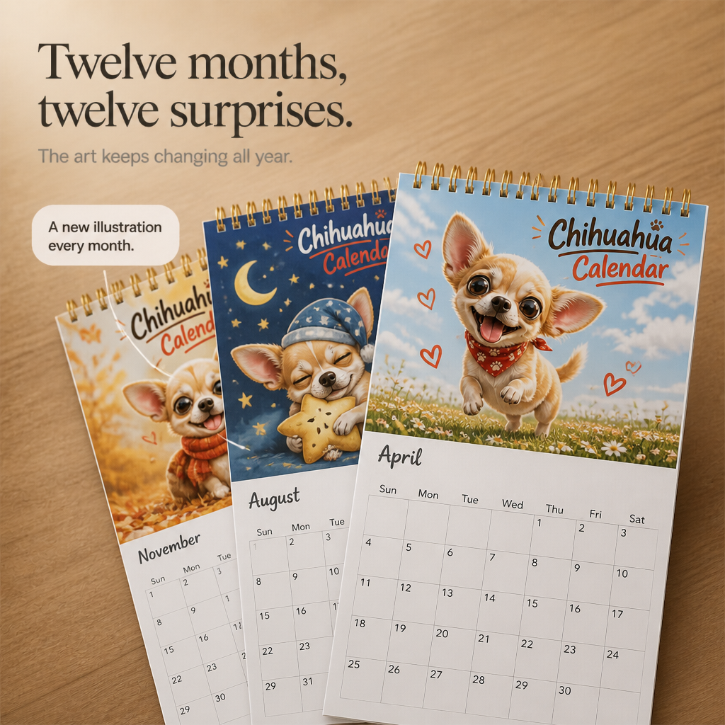 Chihuaholiday 2027 väggkalender upphängd på vägg med söta hundbilder