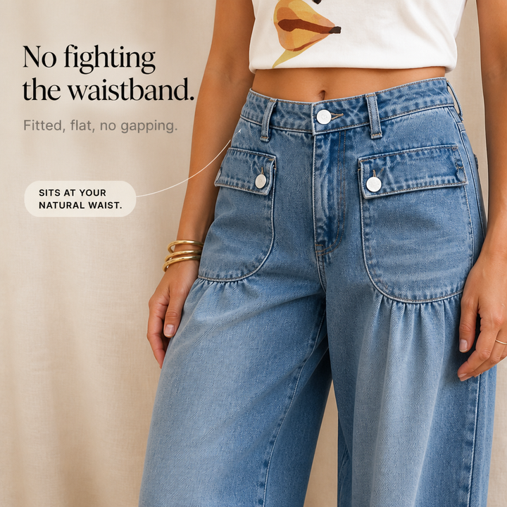Trendiga ballongjeans i denim med synliga sömmar och vida ben