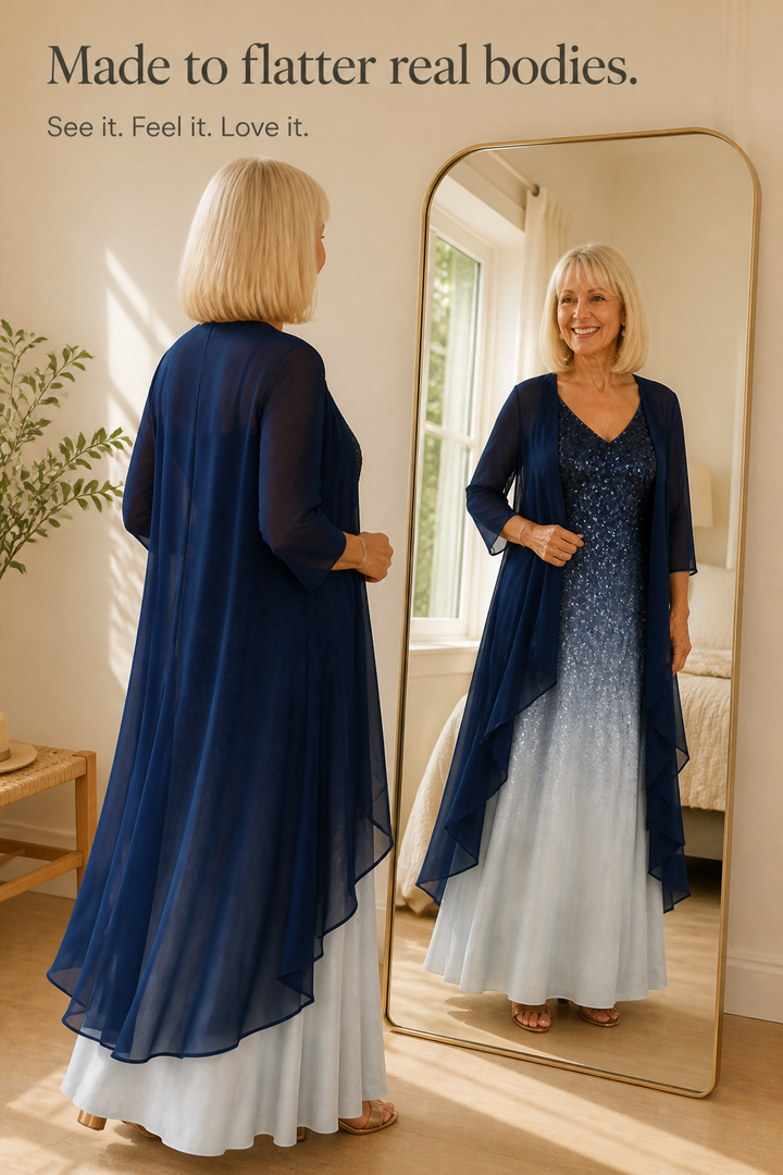 Dammode: elegant lång klänning med sjal och skimrande ombre-effekt