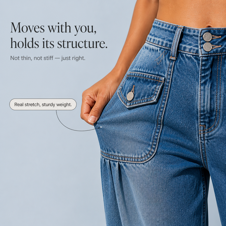 Trendiga blå barrel jeans i dammodell uppställda