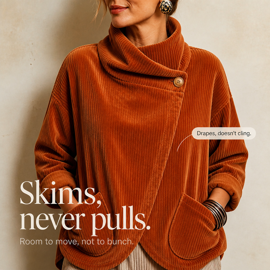 Modell bär orange cropped jacka med asymmetrisk stängning