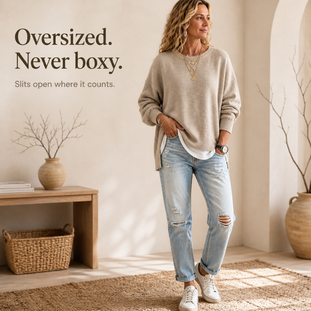 Trendigt höstmode med bekväm stickad tröja för damer i oversize