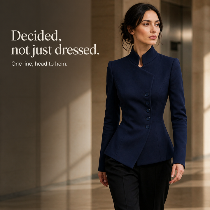 Ytterkläder dam: asymmetrisk blazer med ståkrage i marinblått