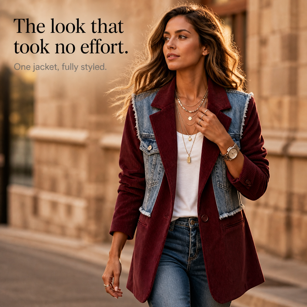 Blazer jacka för dam med kontrastfärg och denim-overlay