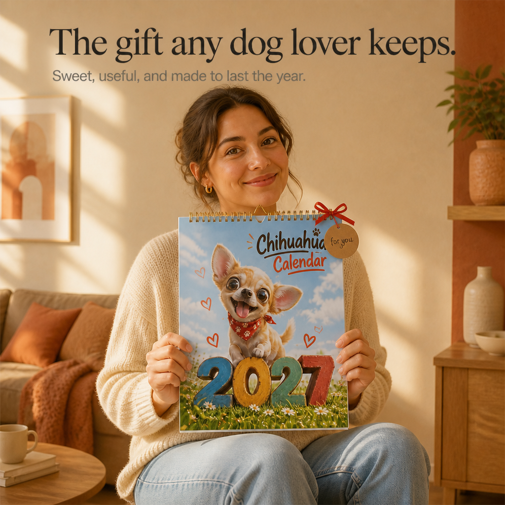 Presentförpackning med Chihuaholiday 2027 väggkalender för hundälskaren