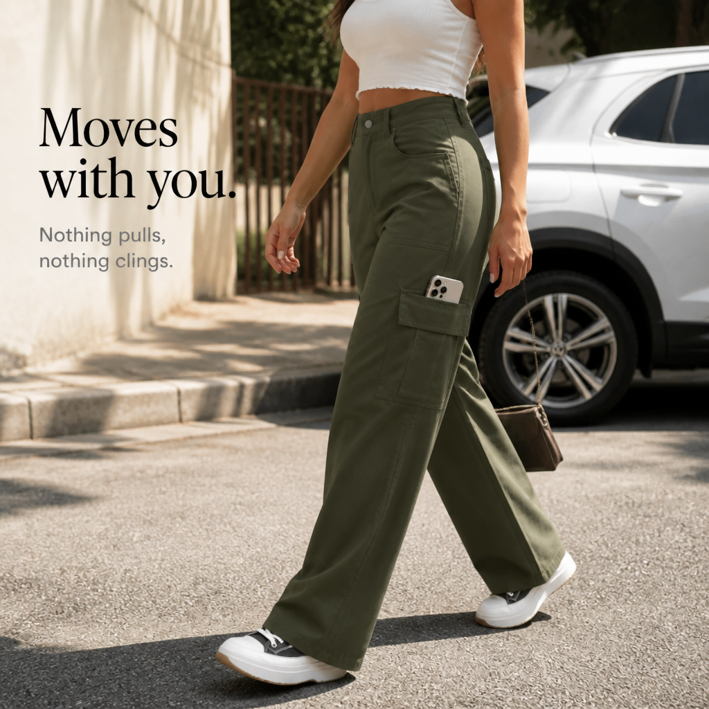 Stilrena vida byxor i cargostil matchade med en crop top [[lstfy-media:11]]