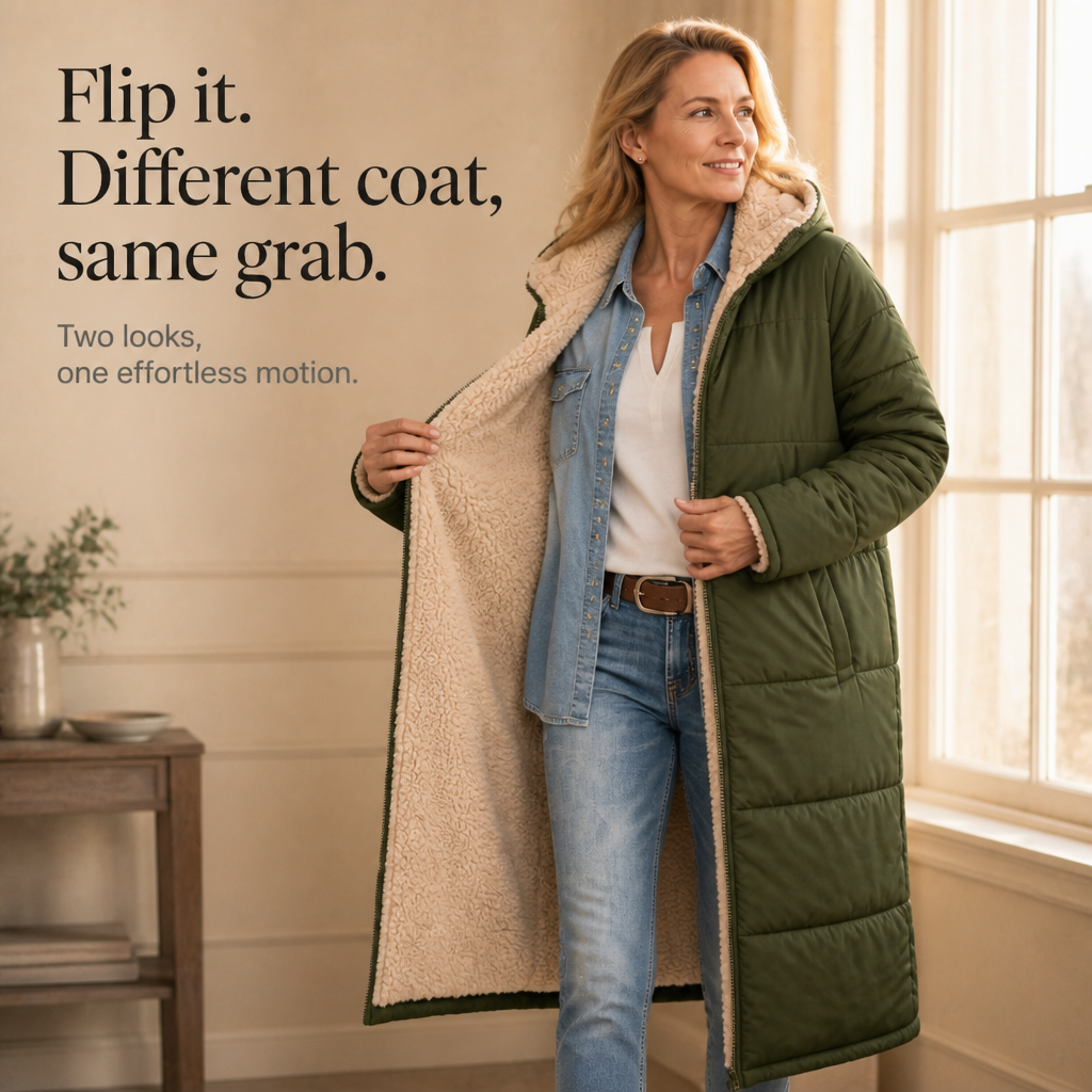 Stilren damkappa i vardagsstil med fickor och vändbar sherpadesign