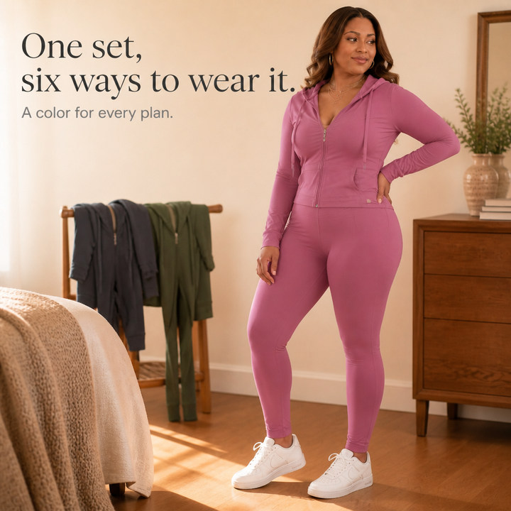 Trendiga damkläder: enfärgad topp och stretchiga leggins i set