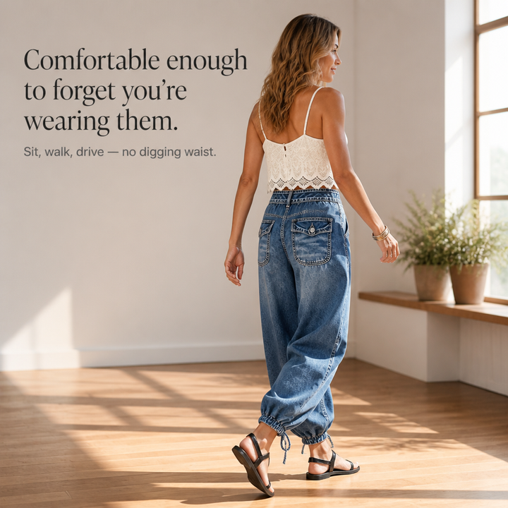 Fickdetalj bak på moderna damjeans med hög midja