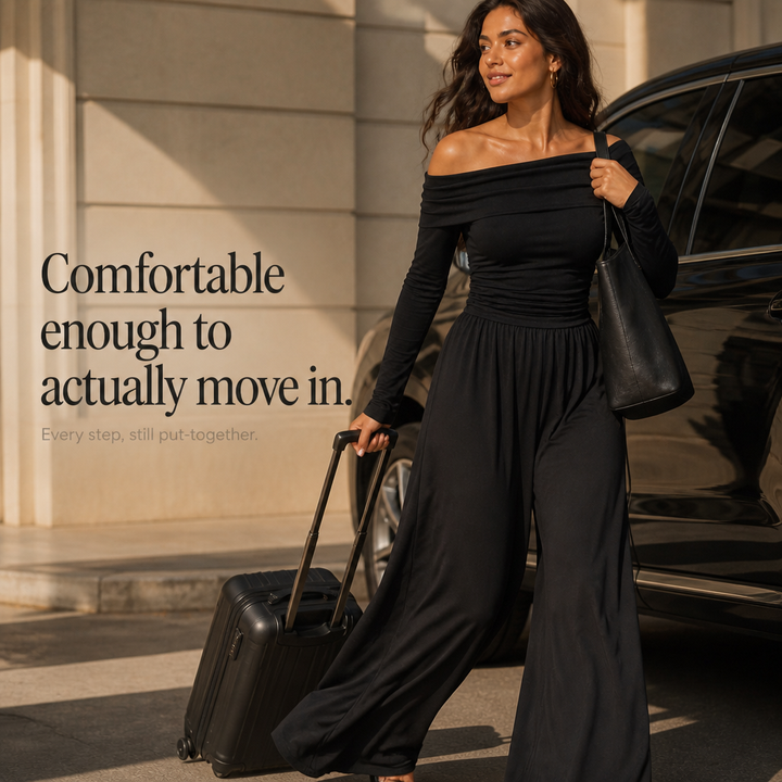 Visning av de vida benen på en elegant damjumpsuit