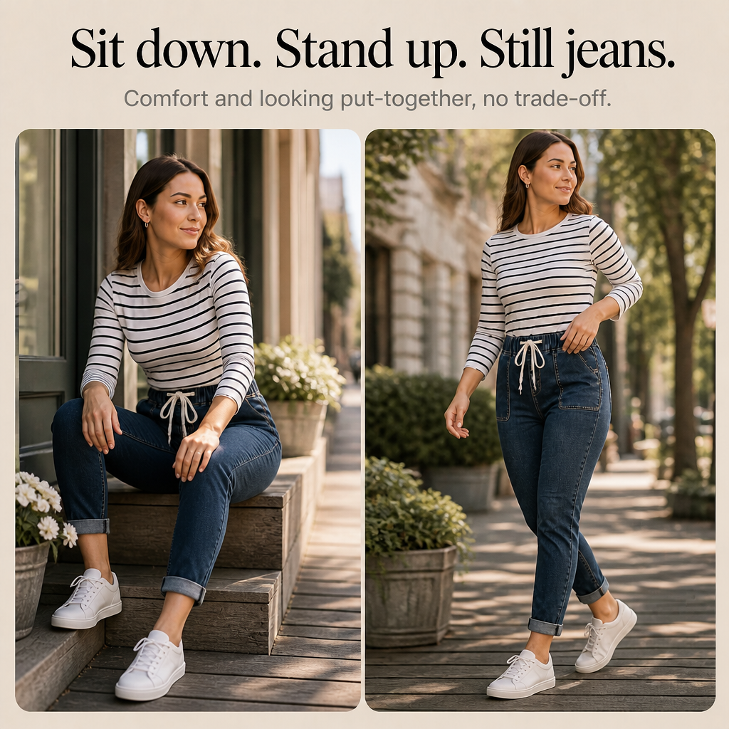 Avsmalnande damjeans visade i helfigur framifrån