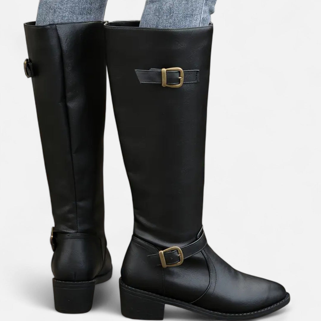 Närbild på den spetsiga tån och skinnet på eleganta damstövlar