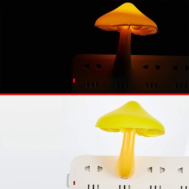 "Charmig gul svampformad nattlampa med LED-belysning, skapar mysig atmosfär, kompakt design, placeras enkelt."