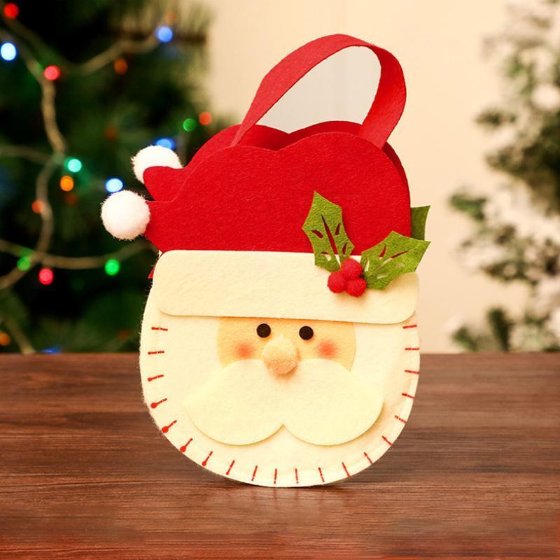 "Charmiga julklappspåsar med 3D-motiv som jultomte och snögubbe i filt, linne och pleuche för julklappsinslagning."