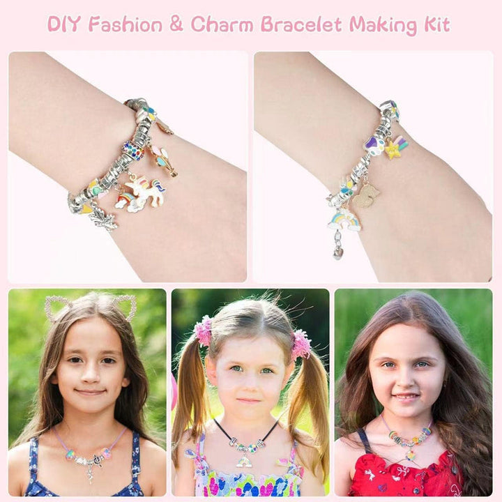 Charmigt armbands- och halsbandskit för flickor, med färgglada kristallpärlor och charmiga hängen som regnbågar och hjärtan.