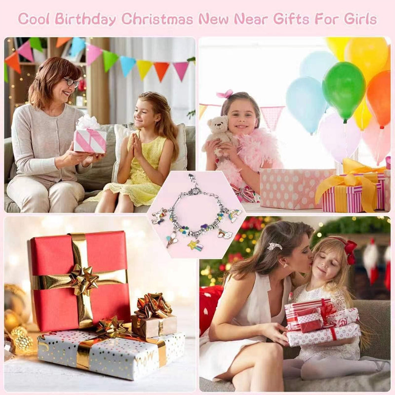 Charmigt armbands- och halsbandskit för flickor, med färgglada kristallpärlor och charmiga hängen som regnbågar och hjärtan.