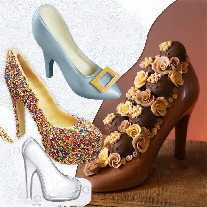 3D chokladform för högklackad sko i genomskinlig plast; skapar elegant choklad för tårtor och fester; enkel att använda.