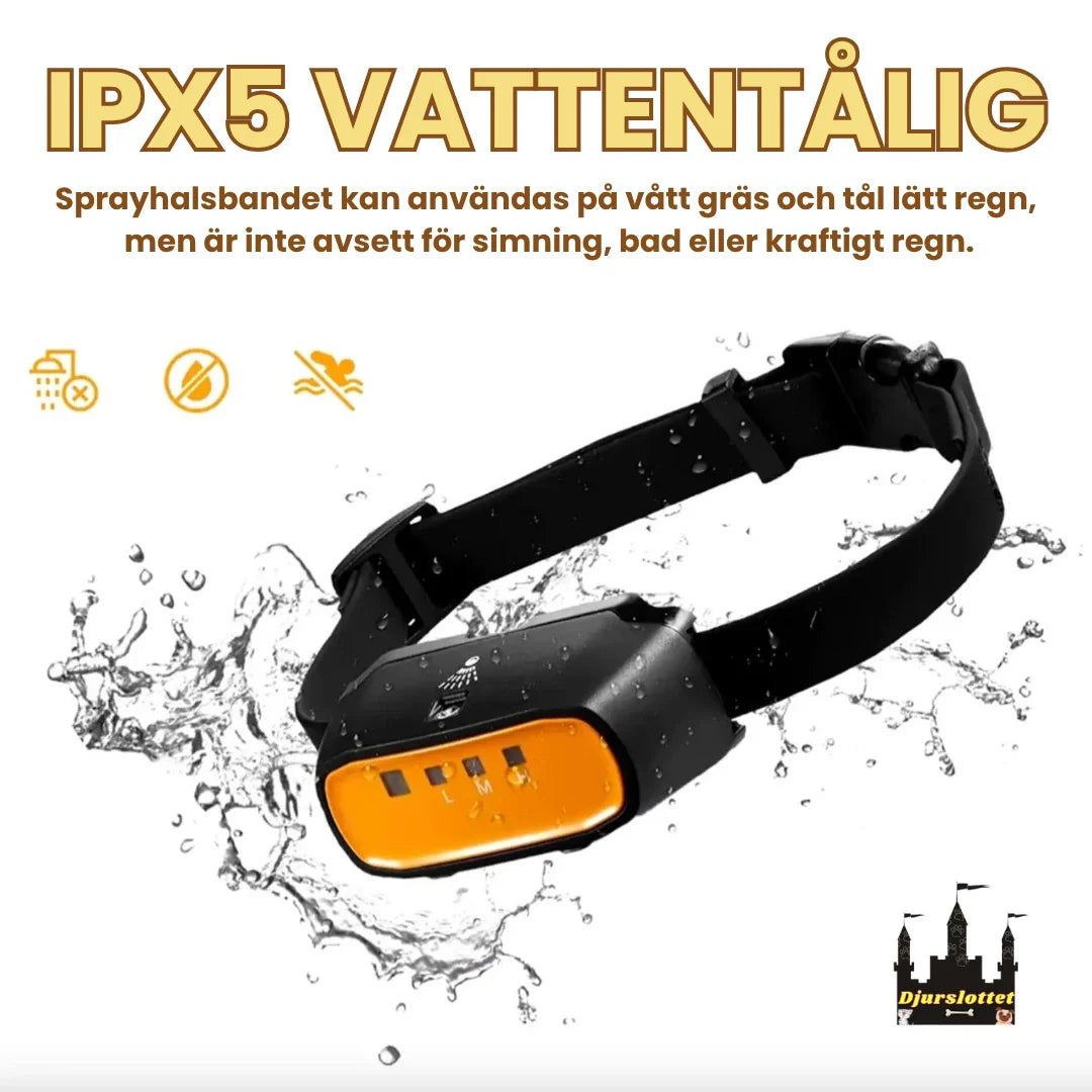 Hand håller citronella antiskällhalsband. Ergonomisk design för bekväm hundträning och skällkontroll.