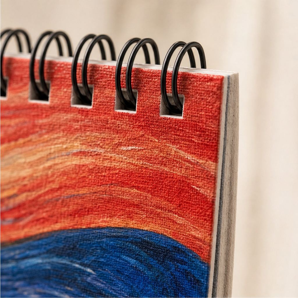 Detaljbild på upphängning och spiralbindning av väggkalender med katter