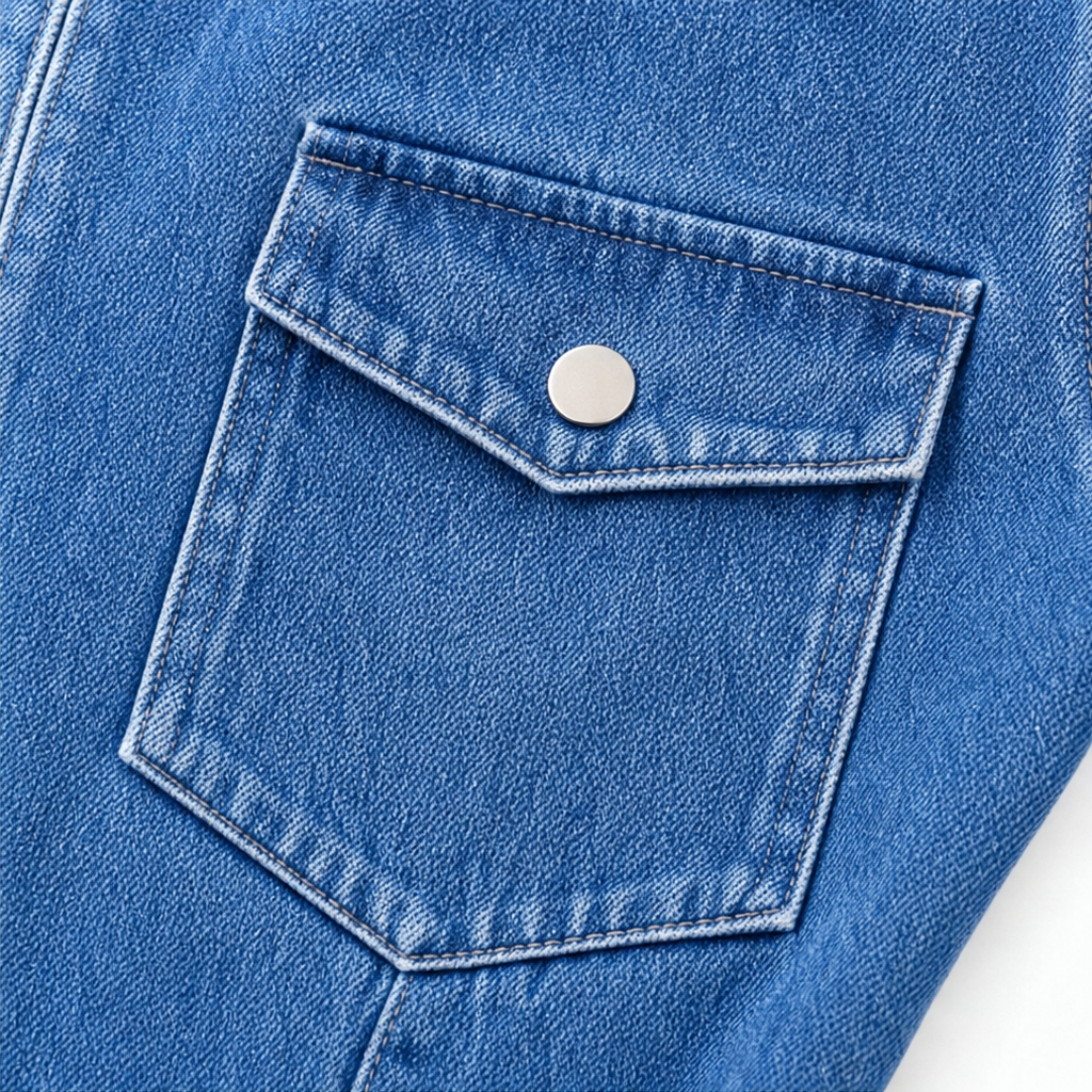 Trendig denim jumpsuit med dragkedja och vida ben, visad i profil