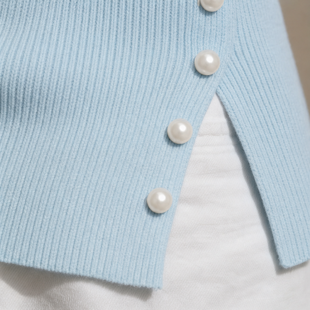 Svart elegant stickat modeplagg med bar axel och pärl-detaljer
