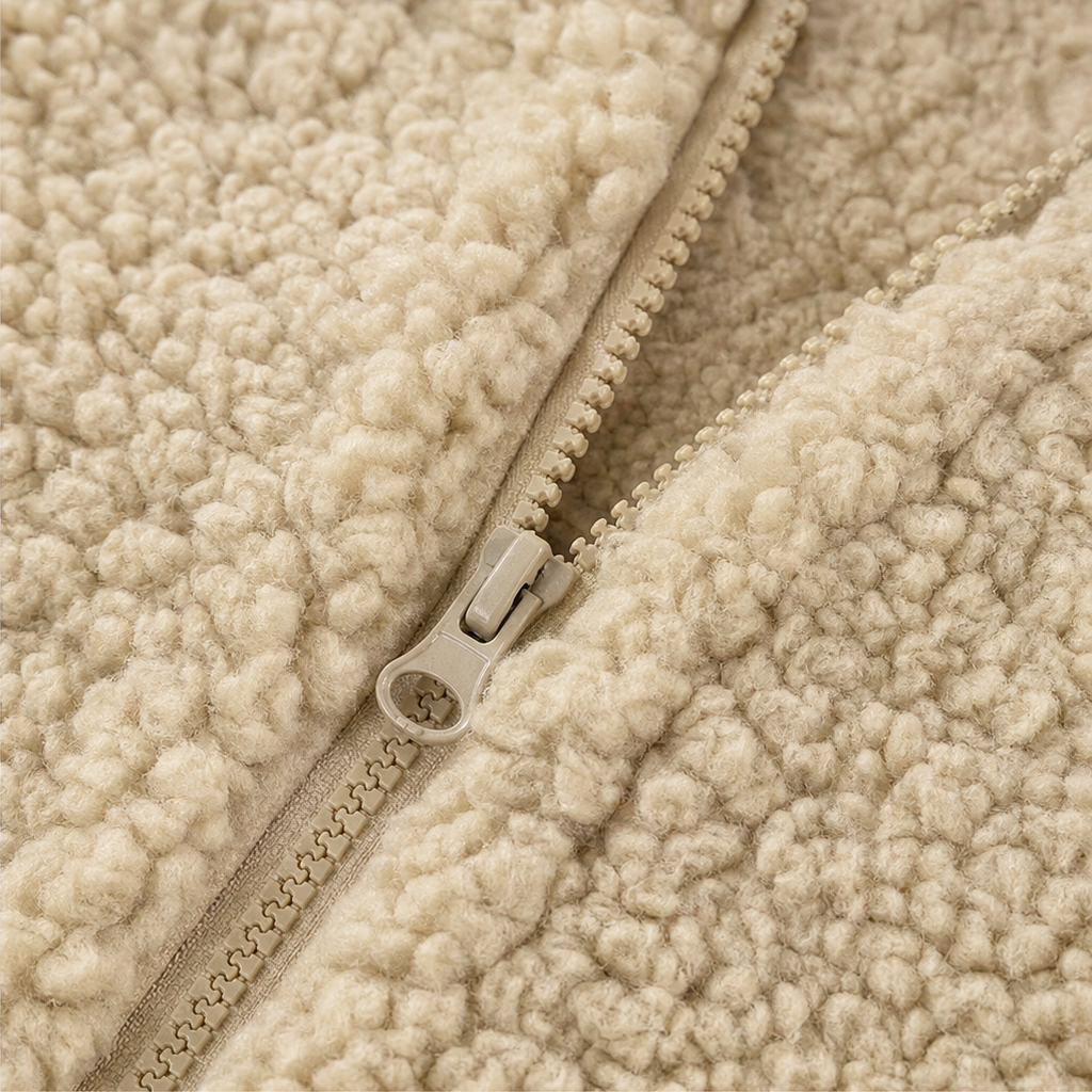 Detaljbild på huva och dragkedja på varm damjacka i mysig fleece