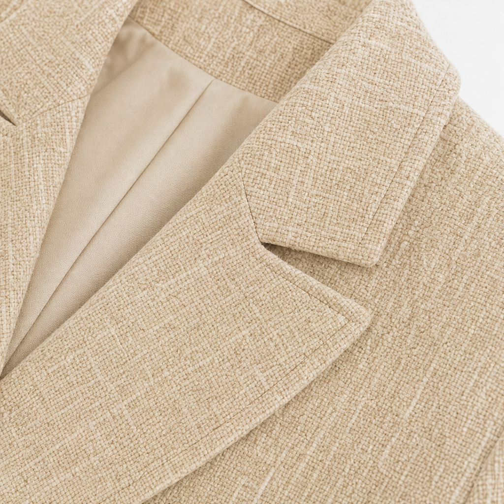 Närbild på knappdetaljer och slag på damkavaj i slim-fit