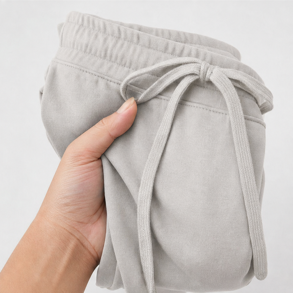 Avslappnat damset med stickad tröja och matchande vida byxor