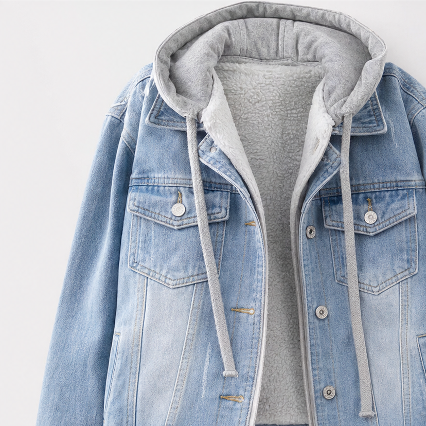 Detaljbild på huva och knappstängning på ljusblå damjacka i denim