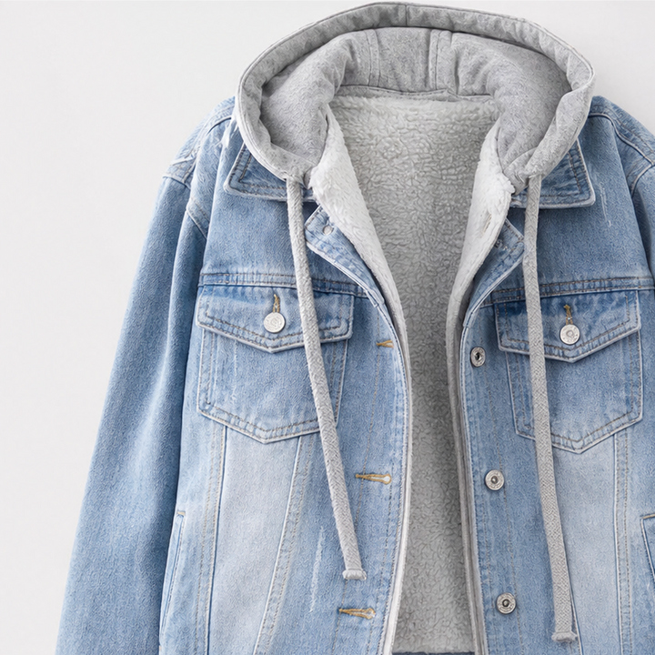 Detaljbild på huva och knappstängning på ljusblå damjacka i denim