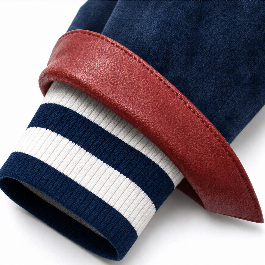 Knappdetalj på ärmslut av marinblå festblazer i mjuk sammet