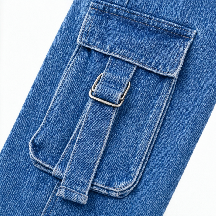 Detaljbild på dragkedja och krage på blå dam jumpsuit