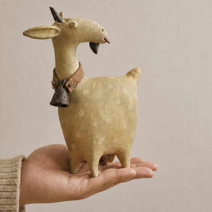 Detaljbild på getfigur i trä med vacker handgjord känsla
