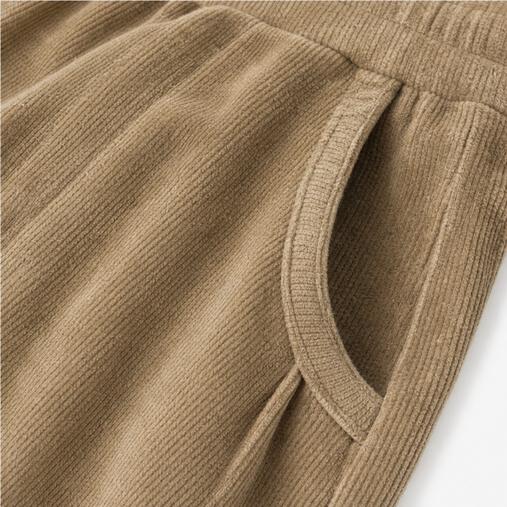 Modell som bär khaki dambyxor med vida ben och matchande överdel