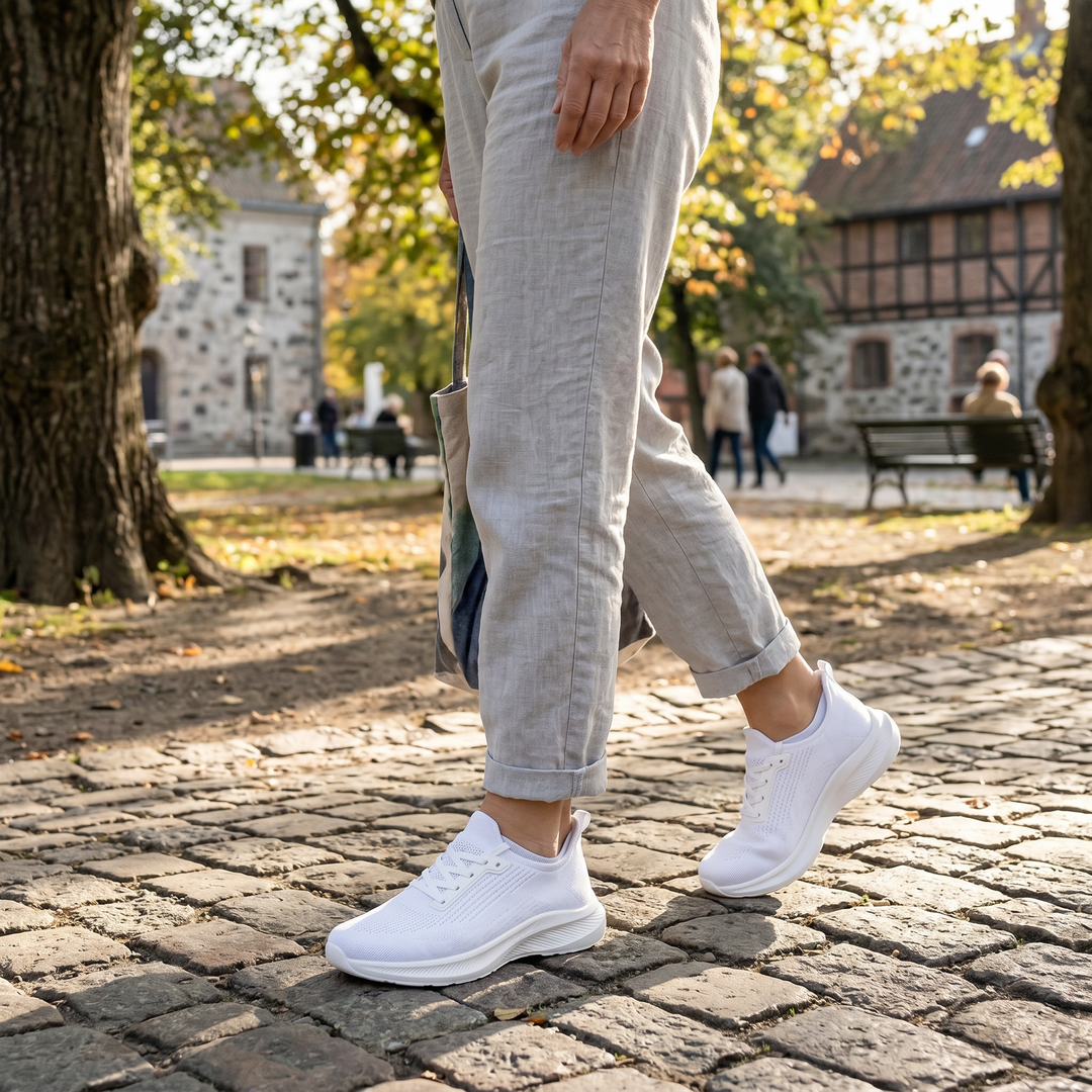 Person som går på kullersten iklädd vita Zvarelo CloudStep sneakers