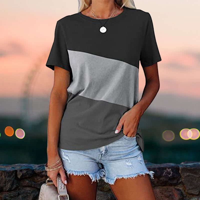 "Colorblock dam t-shirt med rund hals, kortärmad design, tryckt mönster, polyester, perfekt för sommaren."
