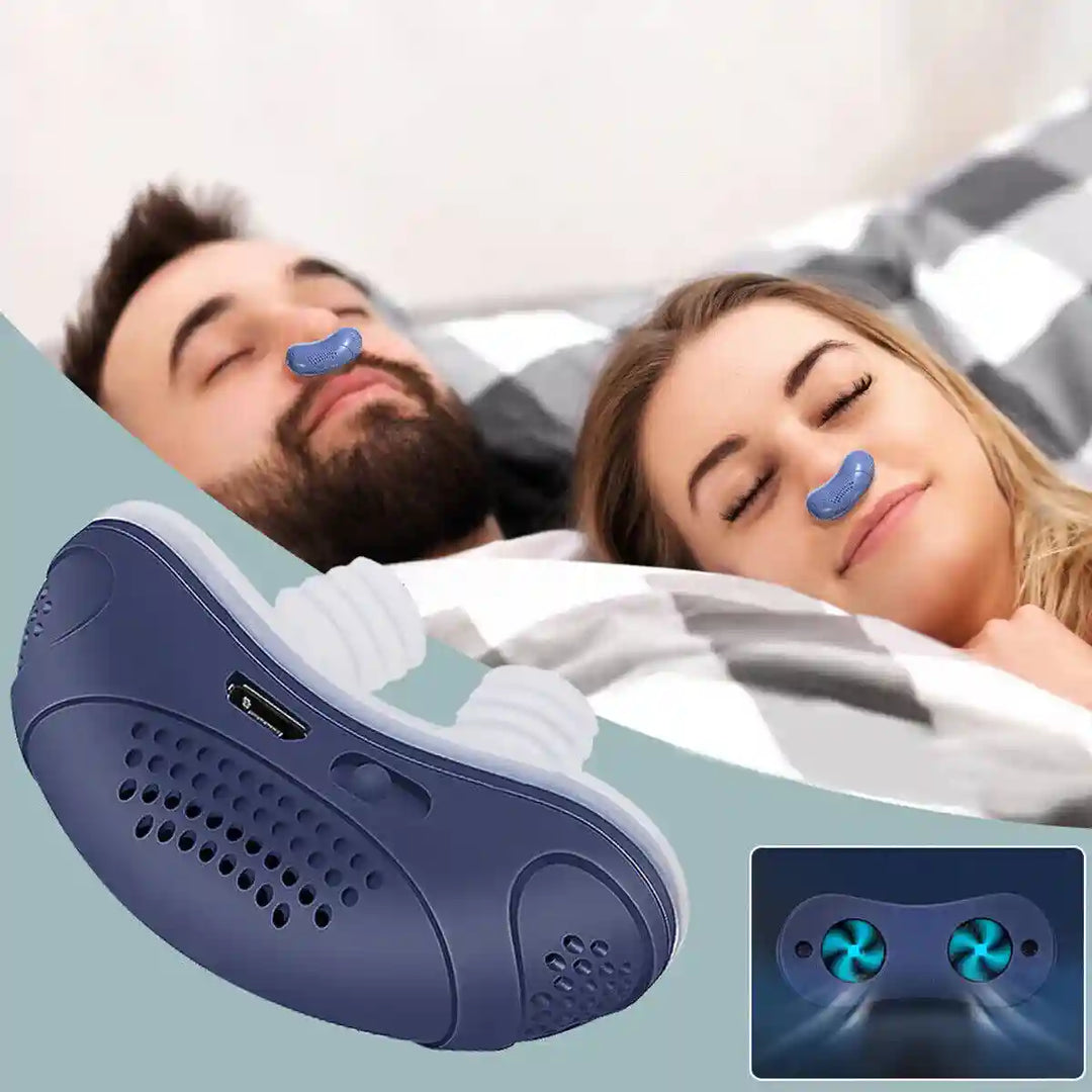 Personer som sover bekvämt med micro CPAP enhet i näsan