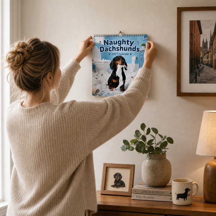 Närbild på hundkalender med söta taxmotiv och rutnät för datum