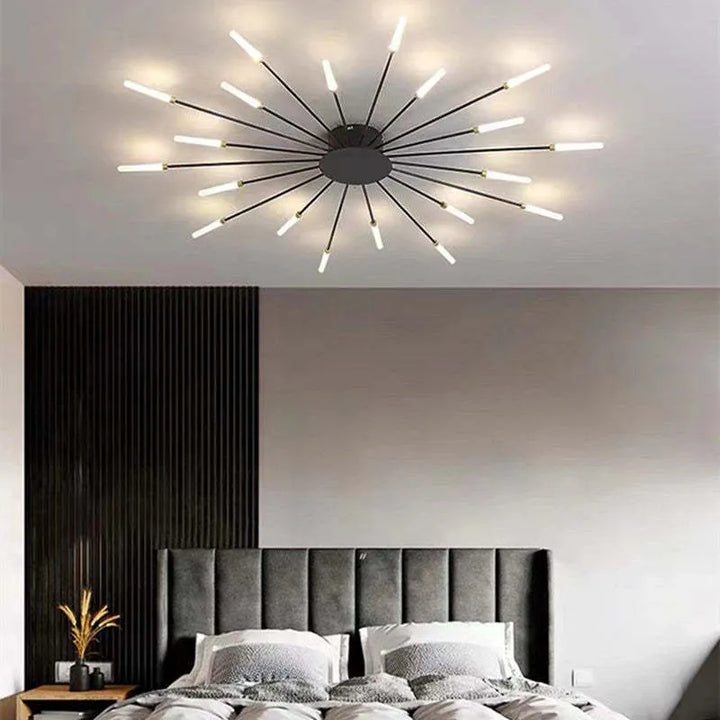 Modern LED taklampa i minimalistisk design monterad i ett elegant vardagsrum