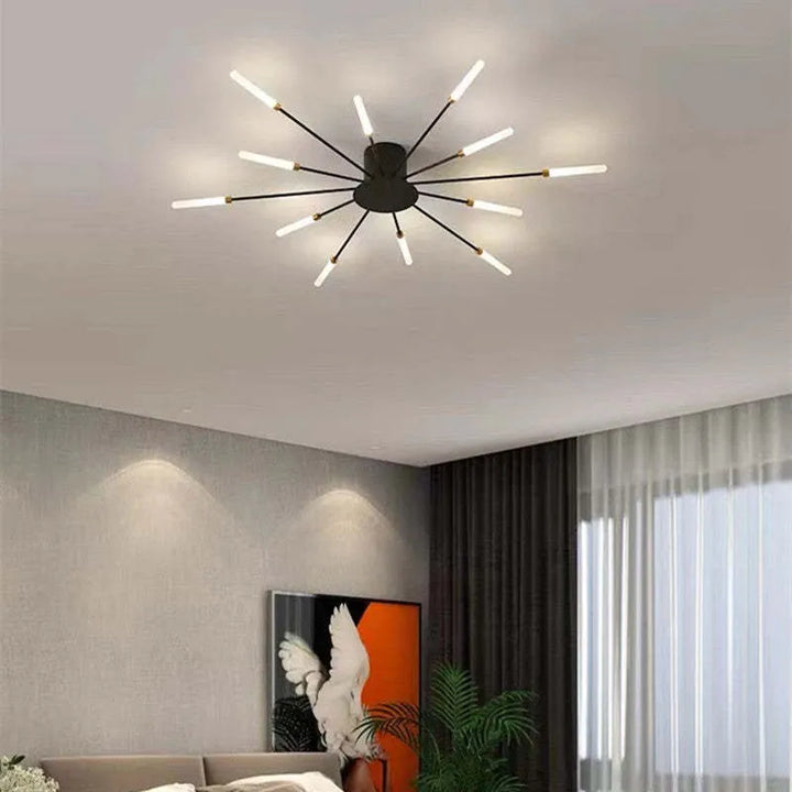 Svart LED-taklampa i minimalistisk design mot en ljus takyta