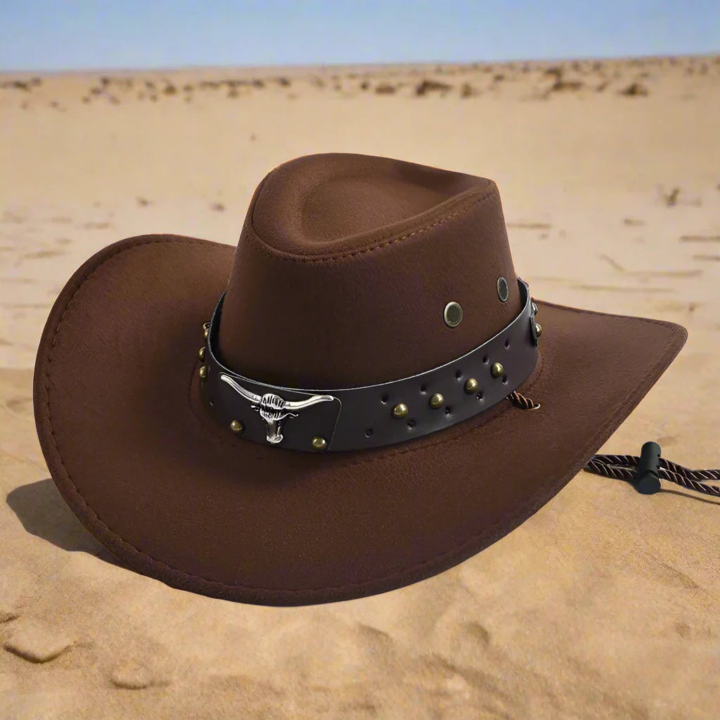 Brun cowboyhatt med dekorativt bälte i ökenmiljö