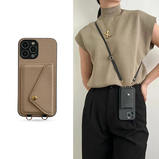 Närbild på korthållare och dragkedja på mobilfodral för iPhone