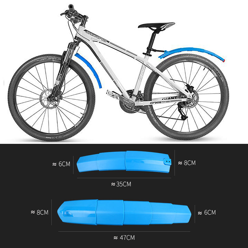 "Cykel stänkskydd, justerbart och vattentätt, med inbyggt bakljus, i svart plast för optimal säkerhet och synlighet."