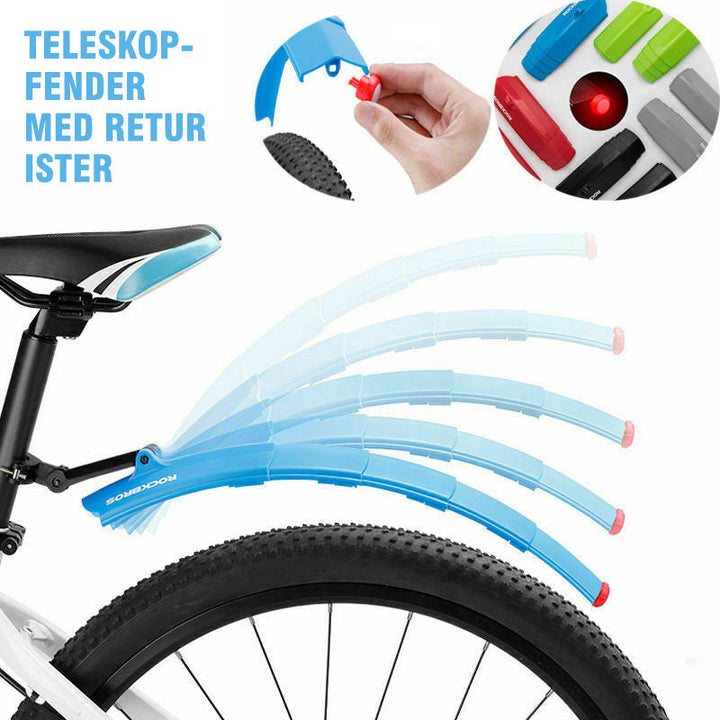 "Cykel stänkskydd, justerbart och vattentätt, med inbyggt bakljus, i svart plast för optimal säkerhet och synlighet."