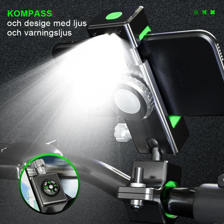 "Cykelkompasstelefonhållare med 360° rotation, svart design, monterad på cykelstyre, hållbar och stötsäker."