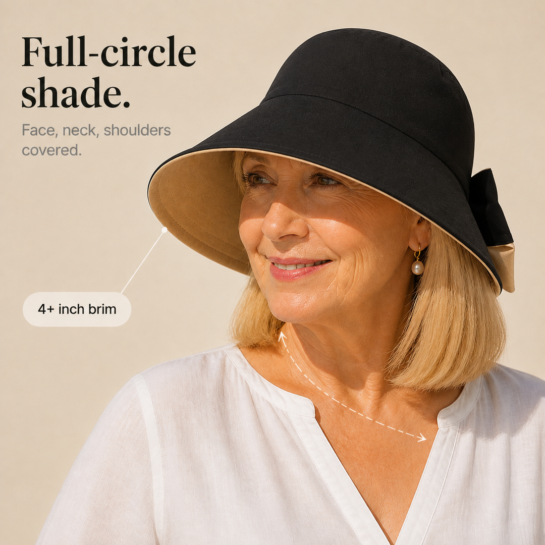 Elegant sommarhatt i svart med solskydd och rosett
