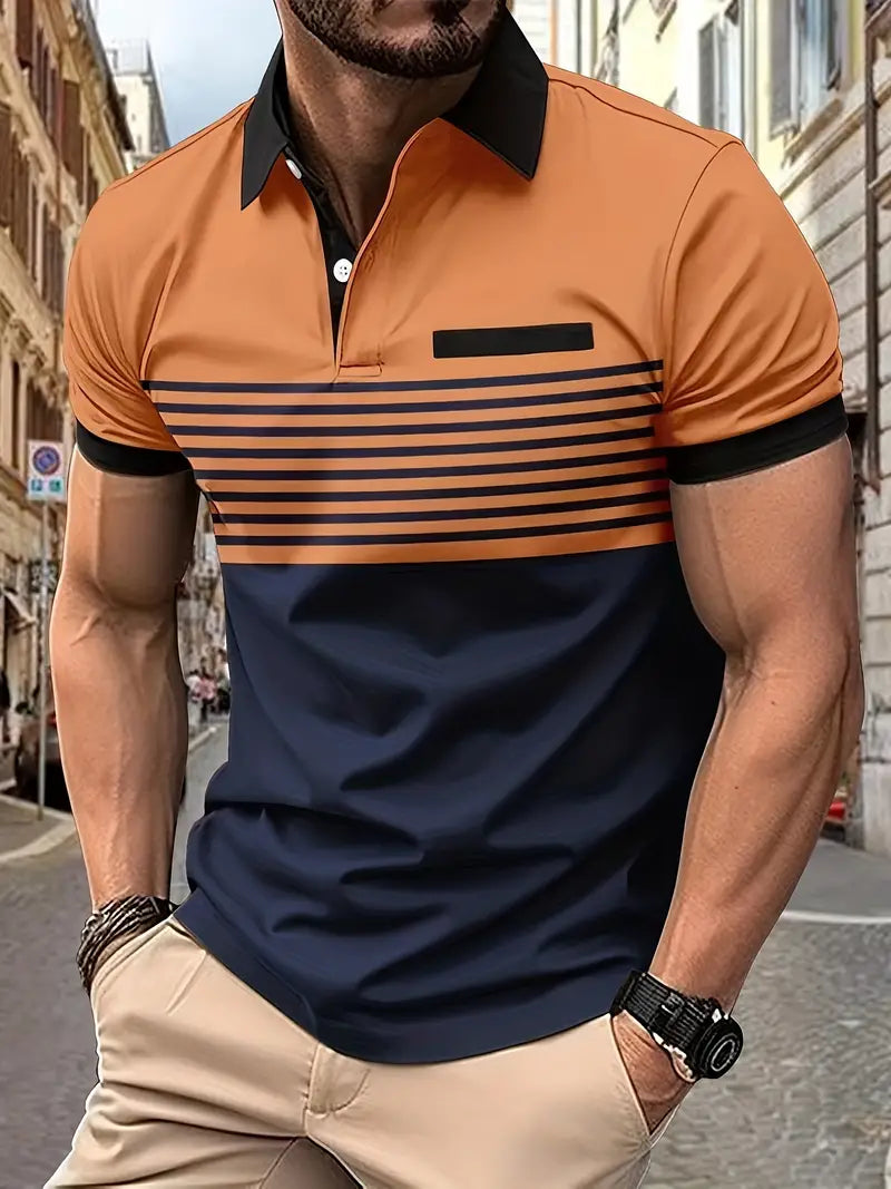 Elegant orange och marinblå randig polotröja för män