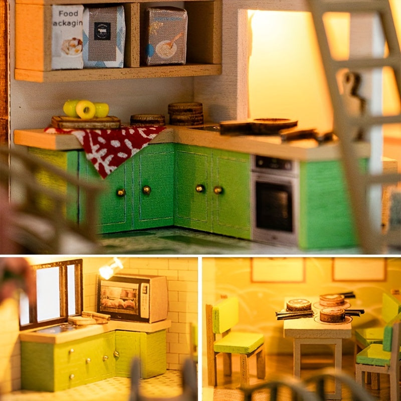 Närbild på miniatyrvilla interaktiva möbler och köksdetaljer