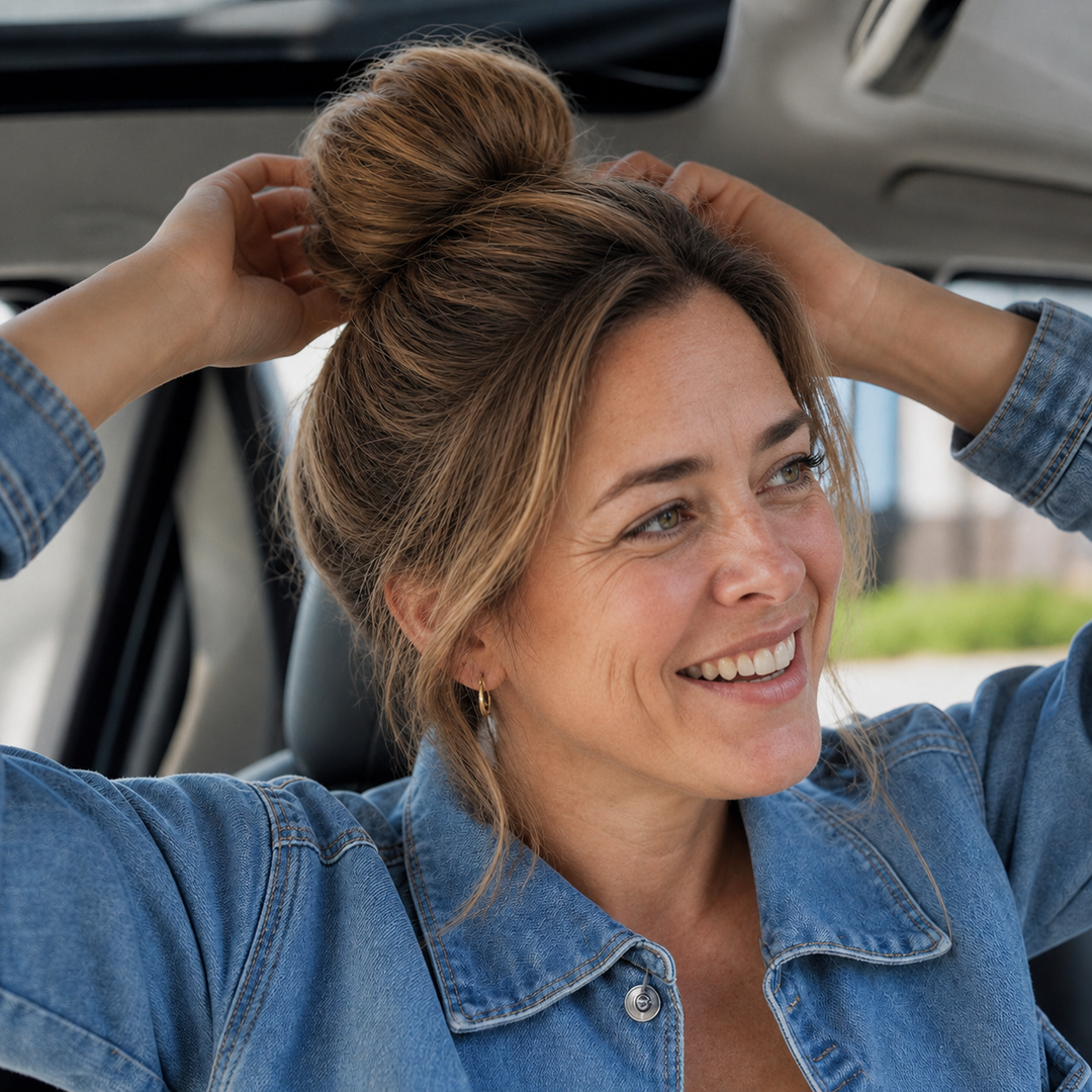 Kvinna som fixar sin volymknut i bilen med ett leende